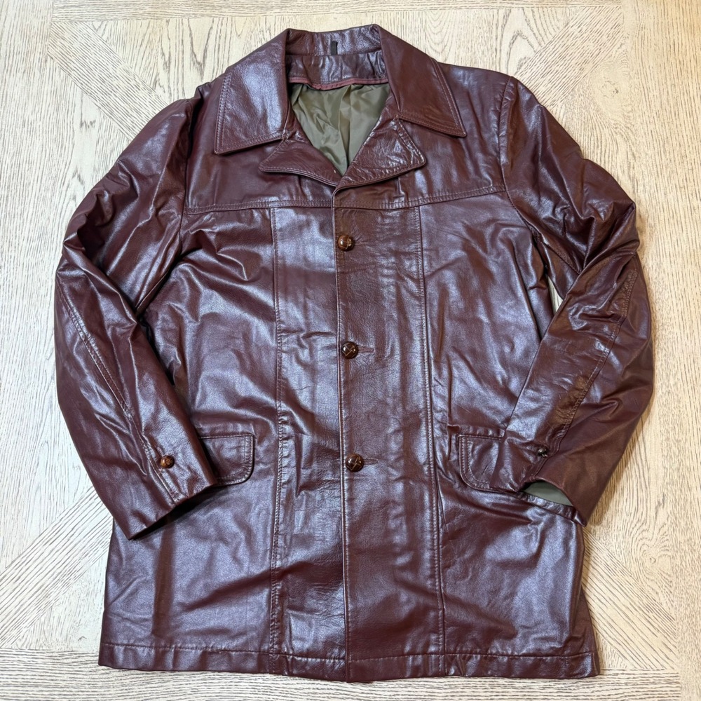 Vintage 70s‎ Burgundy Leather Coat Jacket Mens Size 40 Mod Retro